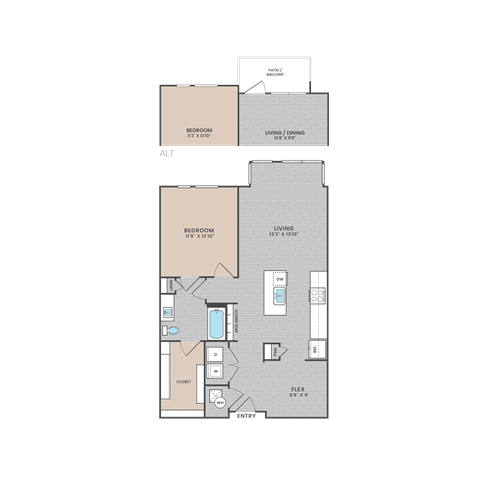 A floor plan of an apartment with two bedrooms, a living/dining area, a kitchen, a bathroom, and a garage.